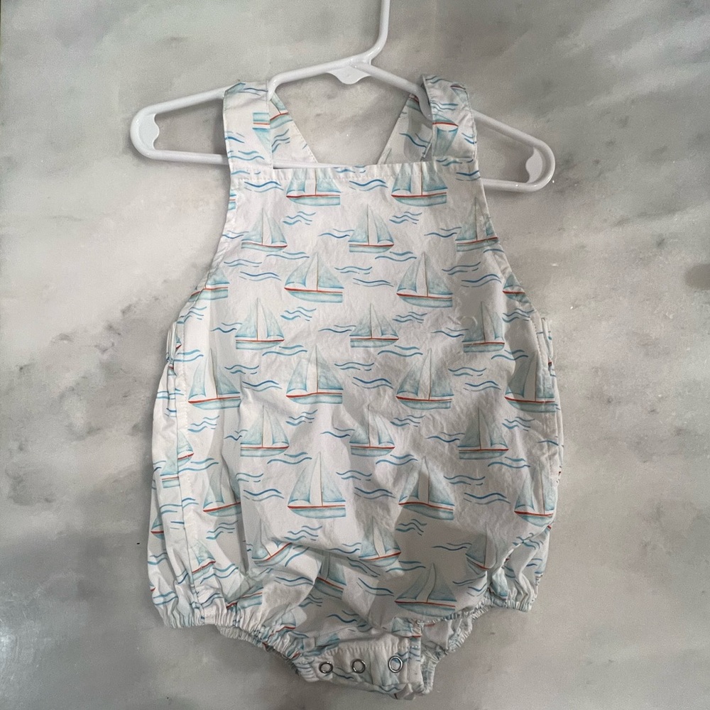 Baby Sailboat Print One-Piece Romper - White with Blue and Tan Accents